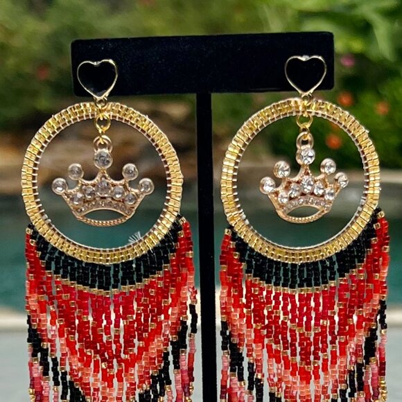Handmade Beaded Queen Long Fringe Dangle Drop Lightweight Post Hoop Earrings - Picture 8 of 10